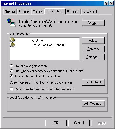 Setting default connection settings 98 - 1