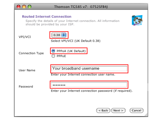 Choose 0.38 for VPI/VCI and PPPoA for Connection Type.  Then Enter your Broadband Username and Password and click Next.