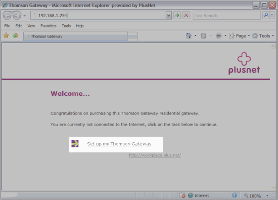 The Thomson Gateway Welcome Page, click Setup My Thomson Gateway.