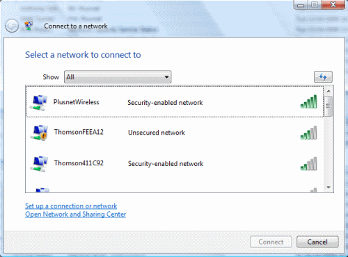 If you scan for Wireless networks on a Windows Vista machine you'll see a list like this. The SSIDs are the names shown after the icons.